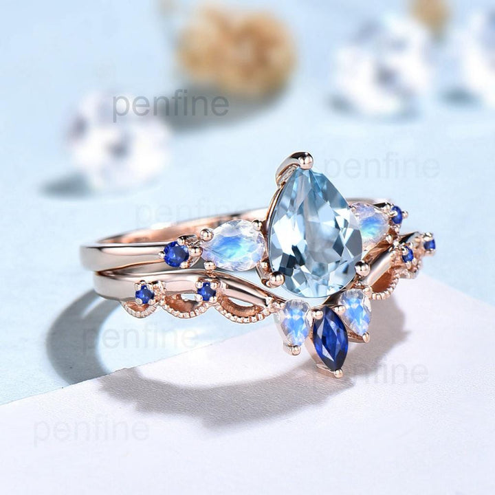 1.25CT Pear Shaped Natural Aquamarine Engagement Ring Set Five Stone Moonstone Sapphire Blue Gemstone Wedding Ring Set Rose Gold Bridal Set - PENFINE