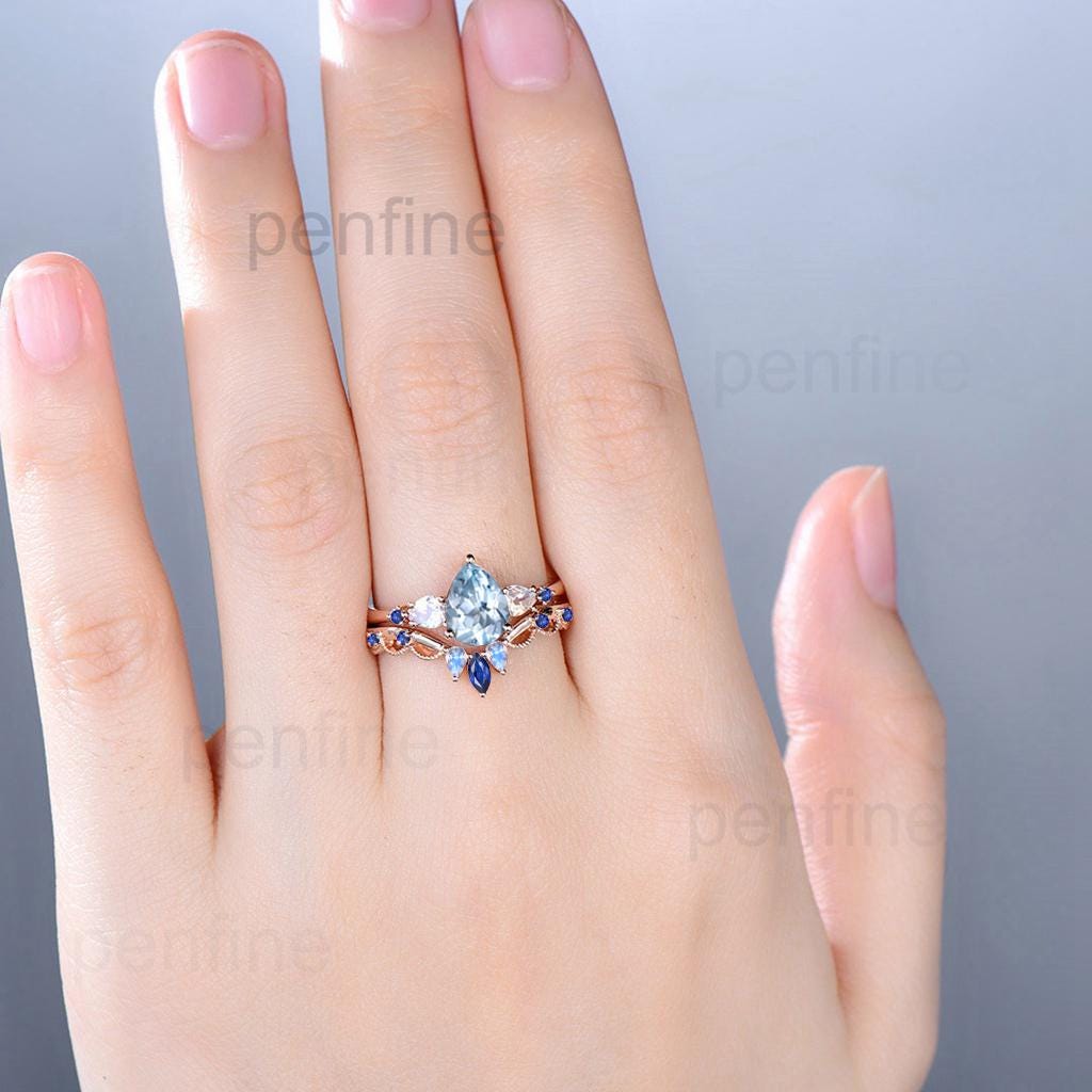 1.25CT Pear Shaped Natural Aquamarine Engagement Ring Set Five Stone Moonstone Sapphire Blue Gemstone Wedding Ring Set Rose Gold Bridal Set - PENFINE