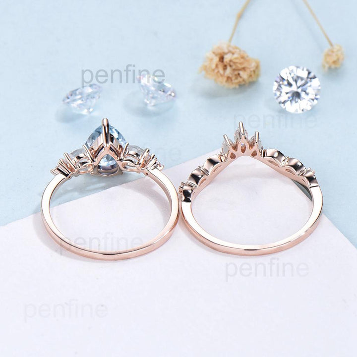1.25CT Pear Shaped Natural Aquamarine Engagement Ring Set Five Stone Moonstone Sapphire Blue Gemstone Wedding Ring Set Rose Gold Bridal Set - PENFINE