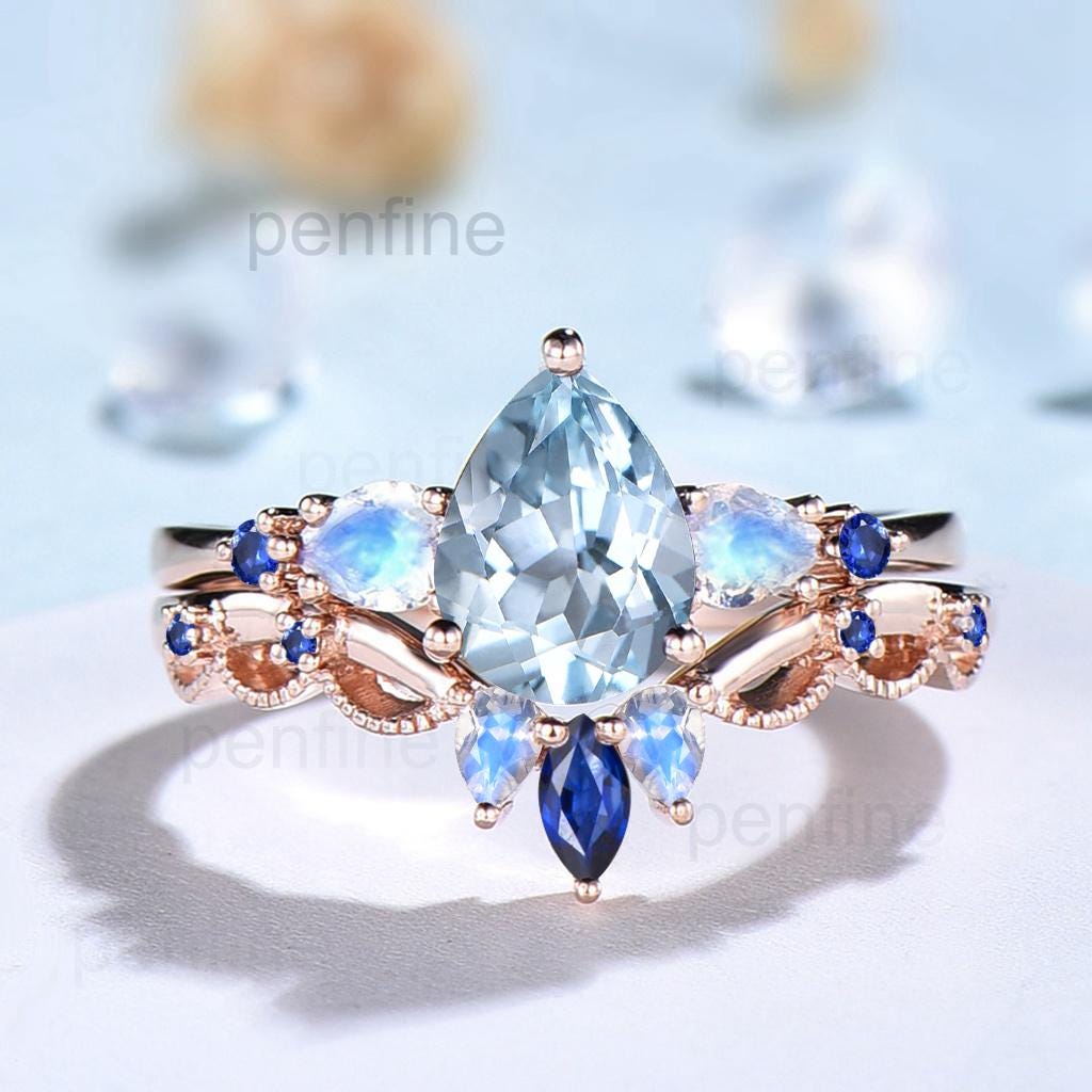 1.25CT Pear Shaped Natural Aquamarine Engagement Ring Set Five Stone Moonstone Sapphire Blue Gemstone Wedding Ring Set Rose Gold Bridal Set - PENFINE