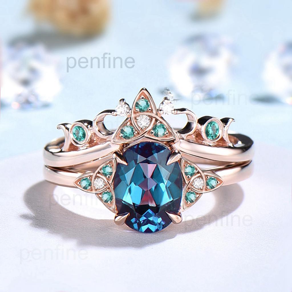 Vintage oval alexandrite engagement ring set Norse Viking Rose gold color change stone emerald wedding ring Unique anniversary bridal set - PENFINE