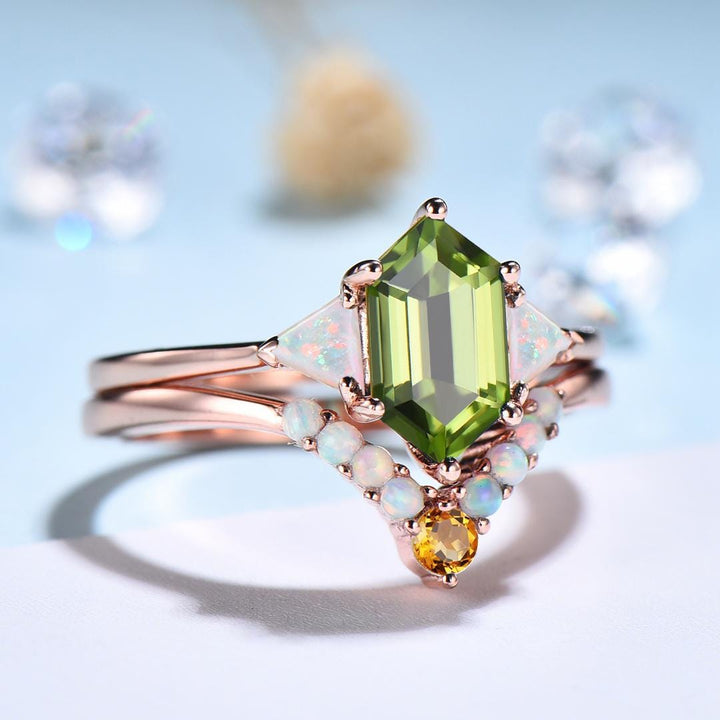 2pcs Peridot Ring Set Hexagon Cut Peridot with Trillion Opal Accents & Curved Band with Opal and Citrine August Birthstone - PENFINE