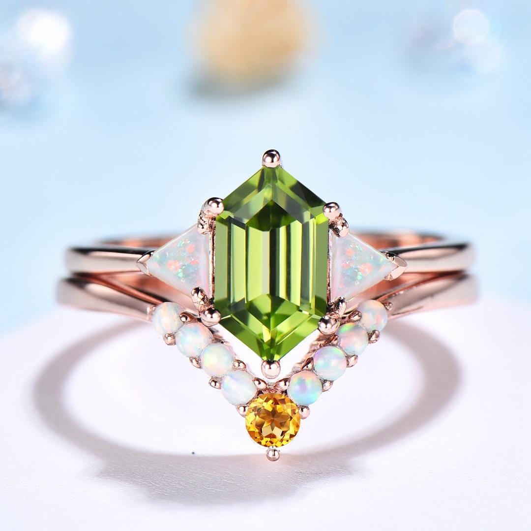 2pcs Peridot Ring Set Hexagon Cut Peridot with Trillion Opal Accents & Curved Band with Opal and Citrine August Birthstone - PENFINE