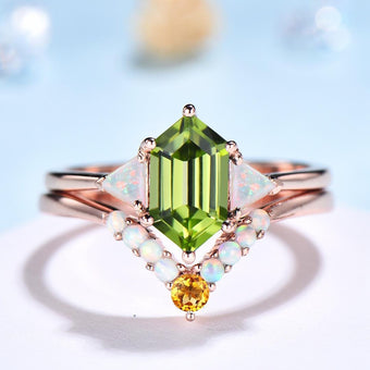 2pcs Peridot Ring Set Hexagon Cut Peridot with Trillion Opal Accents & Curved Band with Opal and Citrine August Birthstone - PENFINE