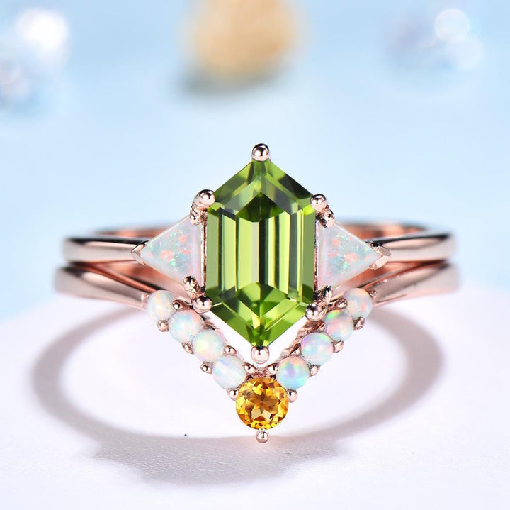 2pcs Peridot Ring Set Hexagon Cut Peridot with Trillion Opal Accents & Curved Band with Opal and Citrine August Birthstone - PENFINE