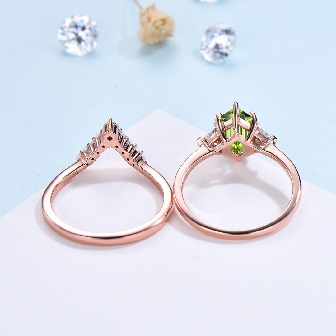 2pcs Peridot Ring Set Hexagon Cut Peridot with Trillion Opal Accents & Curved Band with Opal and Citrine August Birthstone - PENFINE