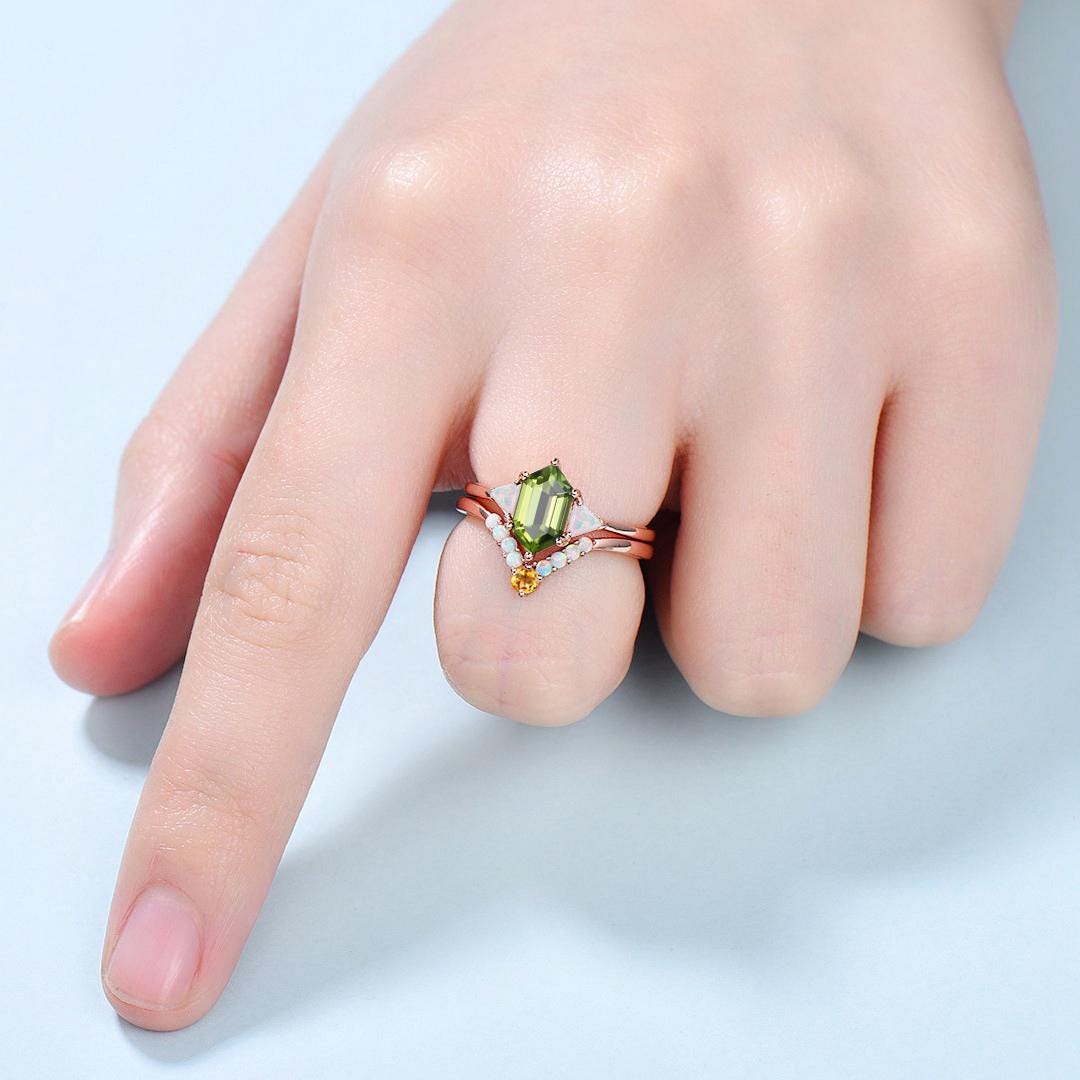2pcs Peridot Ring Set Hexagon Cut Peridot with Trillion Opal Accents & Curved Band with Opal and Citrine August Birthstone - PENFINE