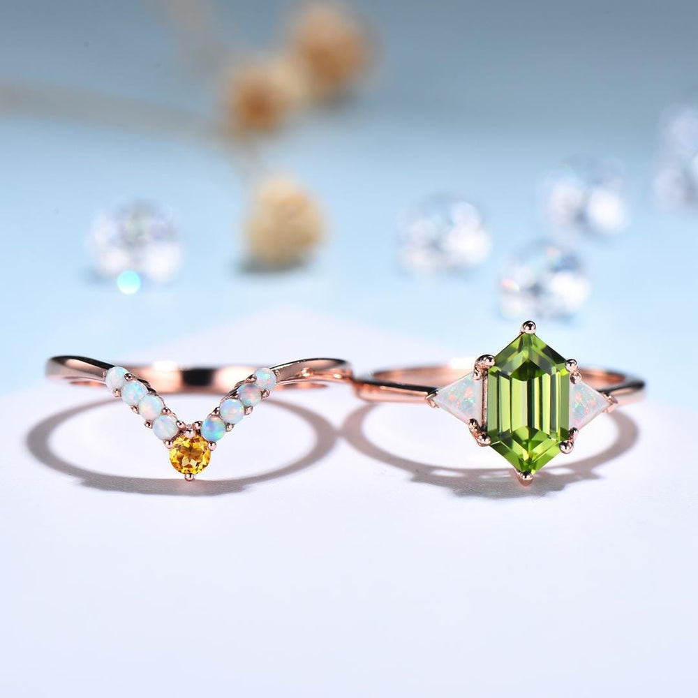 2pcs Peridot Ring Set Hexagon Cut Peridot with Trillion Opal Accents & Curved Band with Opal and Citrine August Birthstone - PENFINE