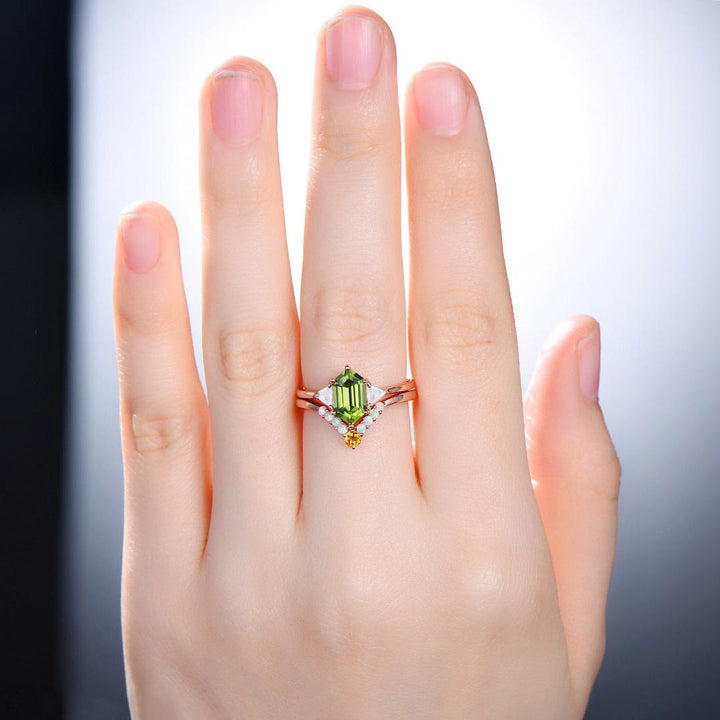 2pcs Peridot Ring Set Hexagon Cut Peridot with Trillion Opal Accents & Curved Band with Opal and Citrine August Birthstone - PENFINE