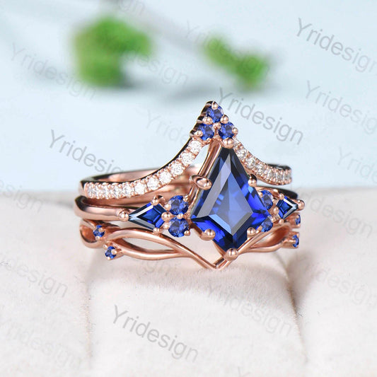 Vintage kite cut blue sapphire engagement ring set vintage 14k rose gold September birthstone jewelry 3pcs bridal wedding ring set gifts - PENFINE