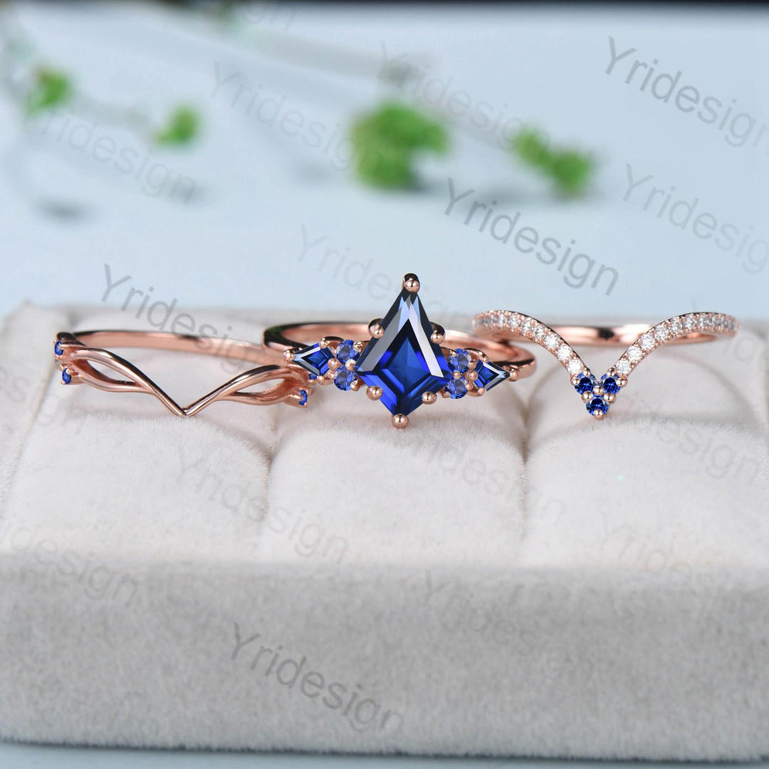 Vintage kite cut blue sapphire engagement ring set vintage 14k rose gold September birthstone jewelry 3pcs bridal wedding ring set gifts - PENFINE