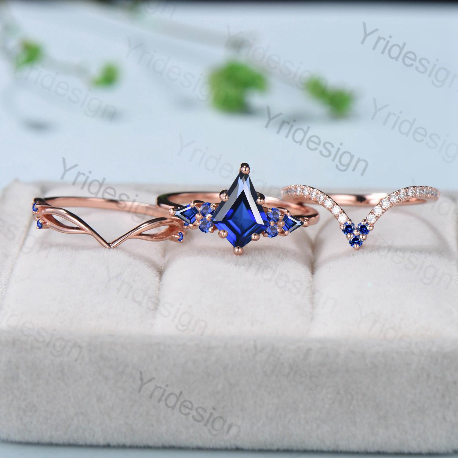 Vintage kite cut blue sapphire engagement ring set vintage 14k rose gold September birthstone jewelry 3pcs bridal wedding ring set gifts - PENFINE