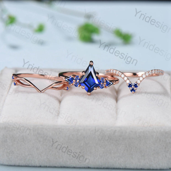 Vintage kite cut blue sapphire engagement ring set vintage 14k rose gold September birthstone jewelry 3pcs bridal wedding ring set gifts - PENFINE