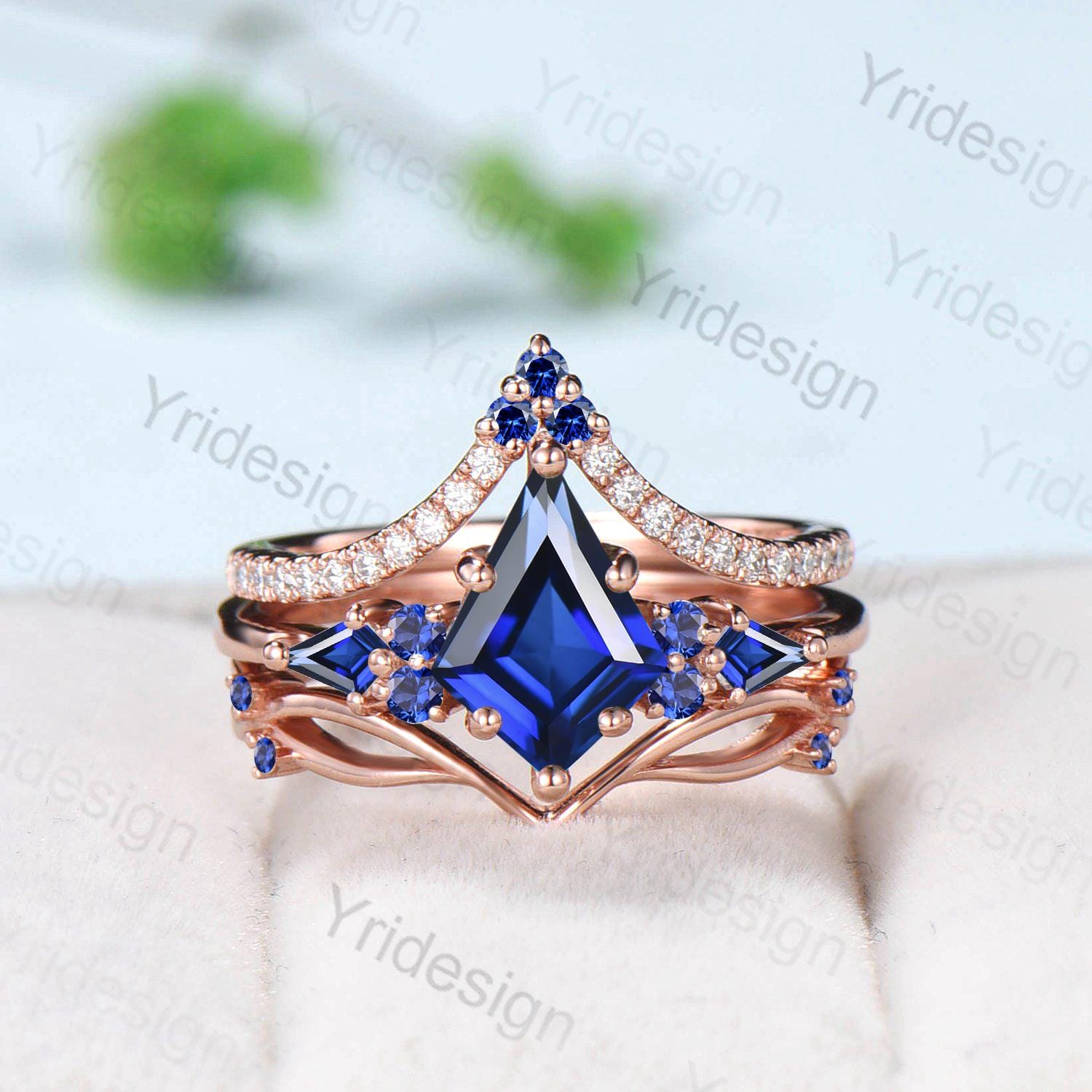 Vintage kite cut blue sapphire engagement ring set vintage 14k rose gold September birthstone jewelry 3pcs bridal wedding ring set gifts - PENFINE