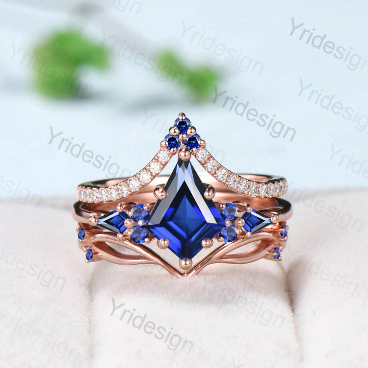Vintage kite cut blue sapphire engagement ring set vintage 14k rose gold September birthstone jewelry 3pcs bridal wedding ring set gifts - PENFINE