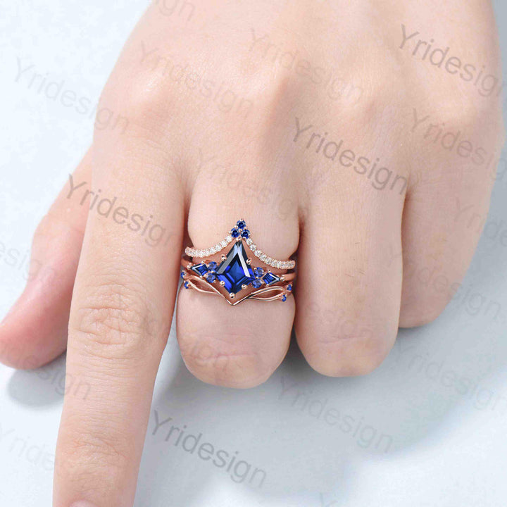 Vintage kite cut blue sapphire engagement ring set vintage 14k rose gold September birthstone jewelry 3pcs bridal wedding ring set gifts - PENFINE