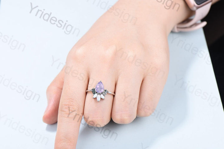 Unique Pear Shaped Lavender Amethyst Engagement Ring Baguette Moss Agate Marquise Opal Wedding Ring Vintage Handmade Anniversary Ring Gift - PENFINE