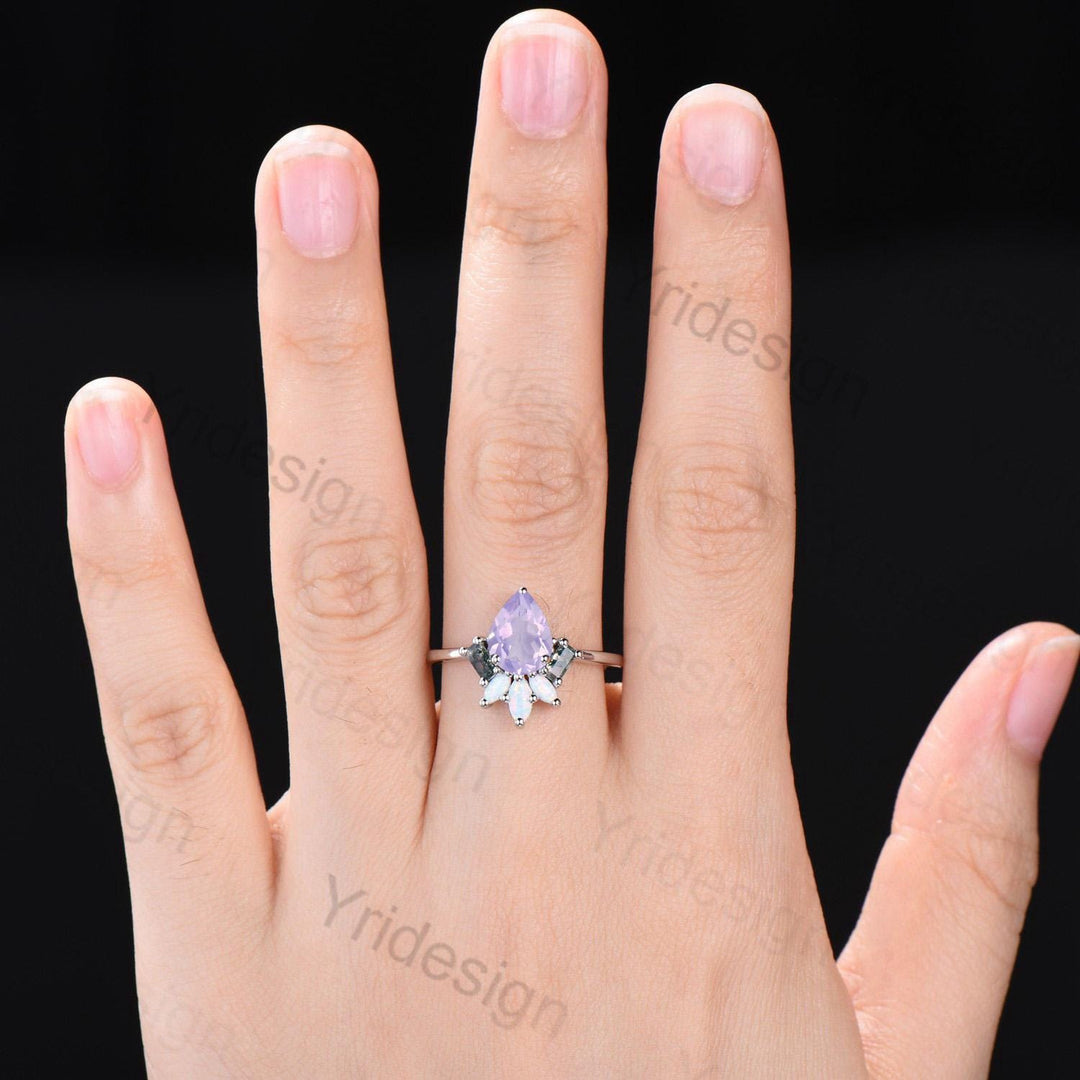 Unique Pear Shaped Lavender Amethyst Engagement Ring Baguette Moss Agate Marquise Opal Wedding Ring Vintage Handmade Anniversary Ring Gift - PENFINE