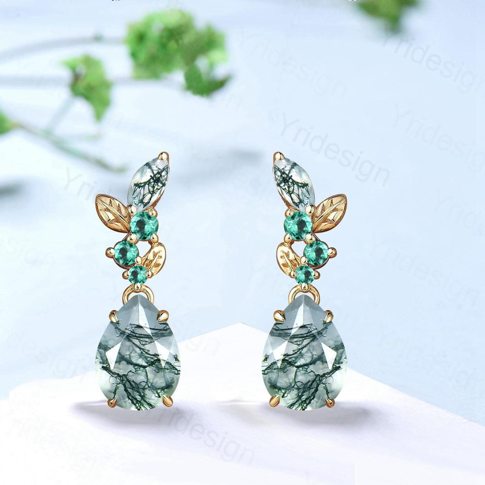 Nature Inspired Pear Moss Agate earrings Emerald Agate Leaf Stud Earrings Silver Green Crystal Earrings Handmade Anniversary Promise Gift - PENFINE