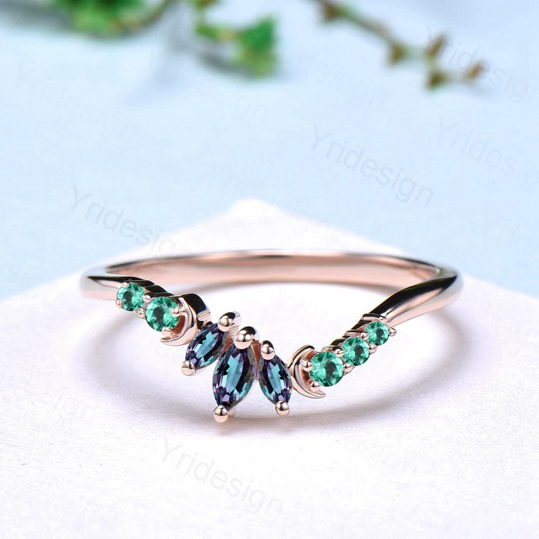 Vintage Alexandrite Emerald Wedding Band Curved Marquise Color Change Stone Moon Wedding Ring Rose Gold Art Deco Stacking Marching Band - PENFINE