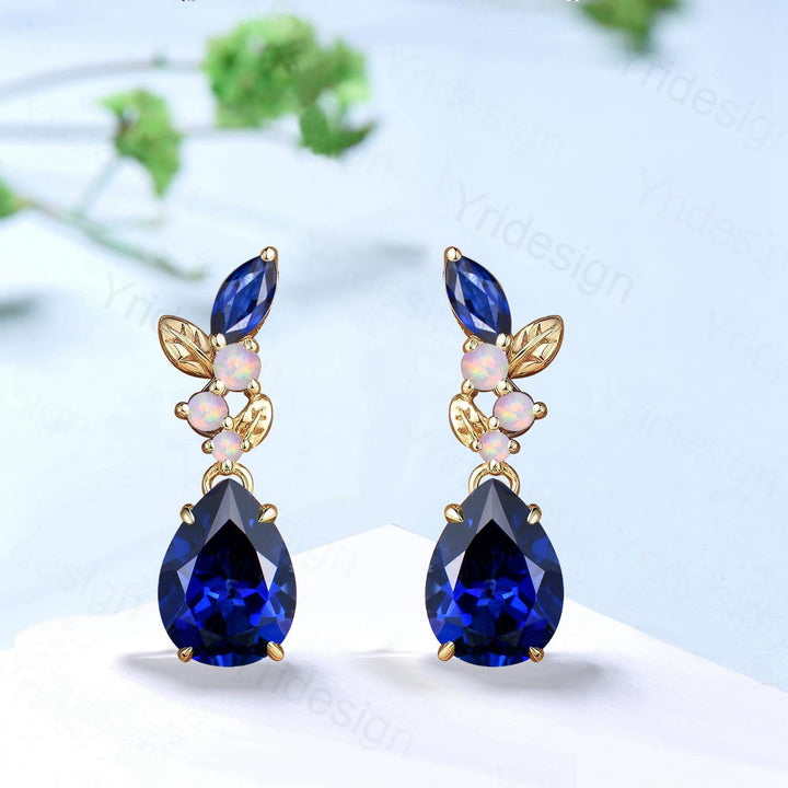 Nature Inspired Pear Shaped Blue Sapphire Earrings Leaf Stud Earrings Silver Vintage Unique Opal Earrings Handmade Anniversary Promise Gift - PENFINE