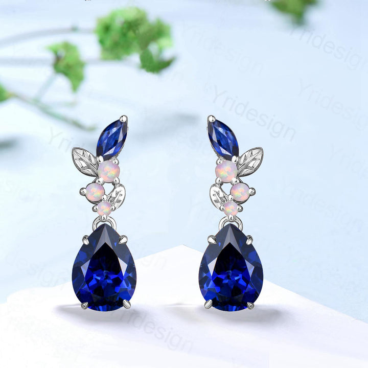 Nature Inspired Pear Shaped Blue Sapphire Earrings Leaf Stud Earrings Silver Vintage Unique Opal Earrings Handmade Anniversary Promise Gift - PENFINE