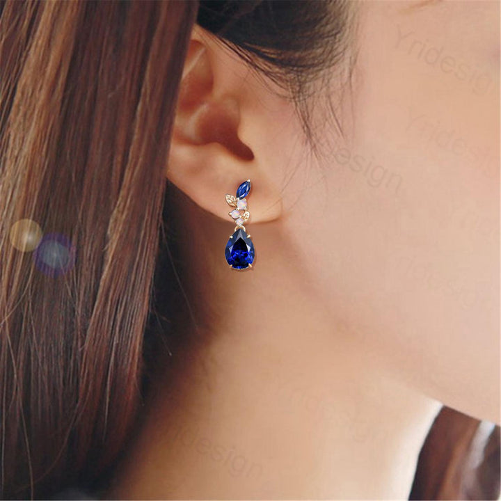 Nature Inspired Pear Shaped Blue Sapphire Earrings Leaf Stud Earrings Silver Vintage Unique Opal Earrings Handmade Anniversary Promise Gift - PENFINE