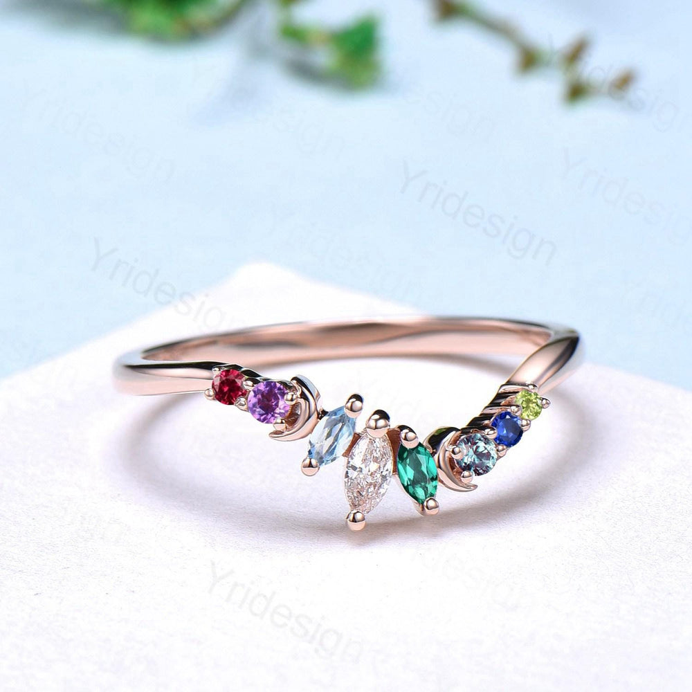 Unique Rainbow Birthstone Wedding Band Curved Marquise Cut Gemstone Moon Wedding Ring Rose Gold Art Deco Stacking Marching Band - PENFINE