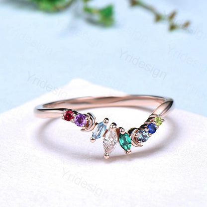 Unique Rainbow Birthstone Wedding Band Curved Marquise Cut Gemstone Moon Wedding Ring Rose Gold Art Deco Stacking Marching Band - PENFINE