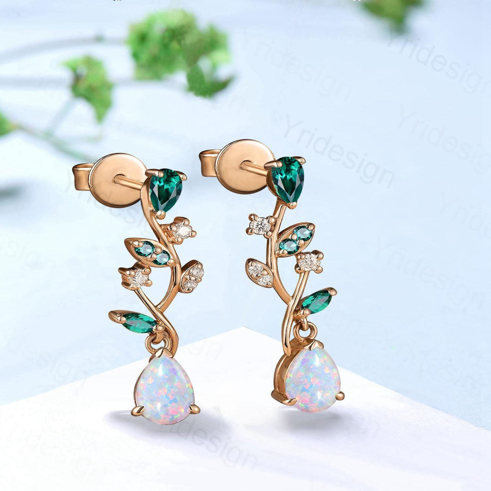 Nature Inspired Pear Shaped White Opal Earrings Emerald Fire Opal Leaf Stud Earrings Silver Earrings Handmade Anniversary Promise Gift - PENFINE