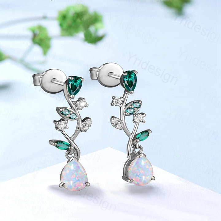 Nature Inspired Pear Shaped White Opal Earrings Emerald Fire Opal Leaf Stud Earrings Silver Earrings Handmade Anniversary Promise Gift - PENFINE