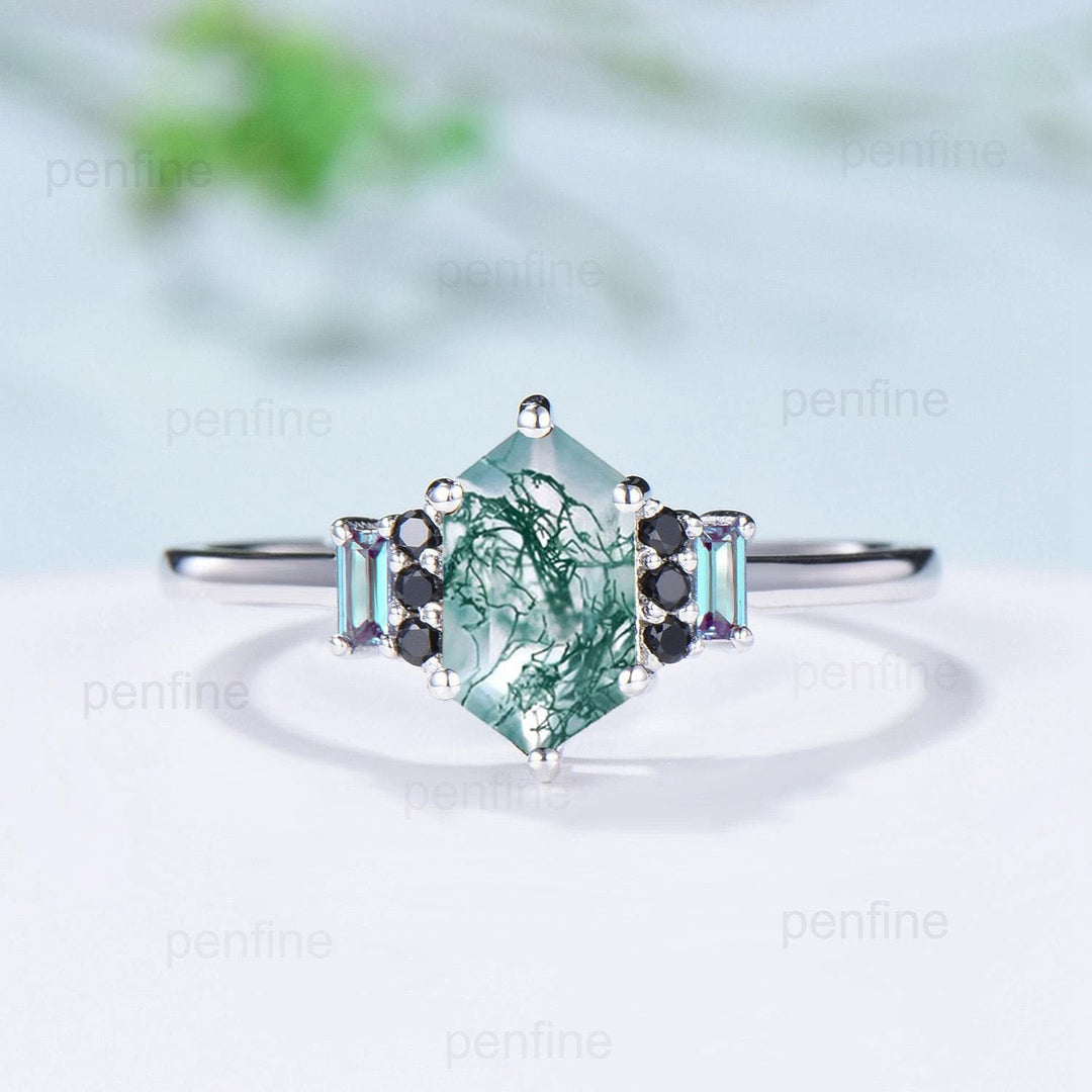 Unique Long Hexagon Cut Moss Agate Engagement Ring Baguette Alexandrite Cluster Black Spinel Wedding Ring Vintage Anniversary Bridal Gift - PENFINE