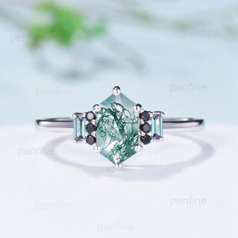 Unique Long Hexagon Cut Moss Agate Engagement Ring Baguette Alexandrite Cluster Black Spinel Wedding Ring Vintage Anniversary Bridal Gift - PENFINE