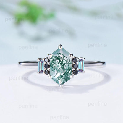 Unique Long Hexagon Cut Moss Agate Engagement Ring Baguette Alexandrite Cluster Black Spinel Wedding Ring Vintage Anniversary Bridal Gift - PENFINE
