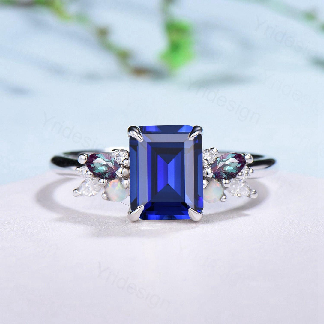 Unique Emerald Cut Blue Sapphire Engagement Ring Marquise Alexandrite Opal Wedding Ring Vintage Cluster Moissanite Anniversary Promise Ring - PENFINE