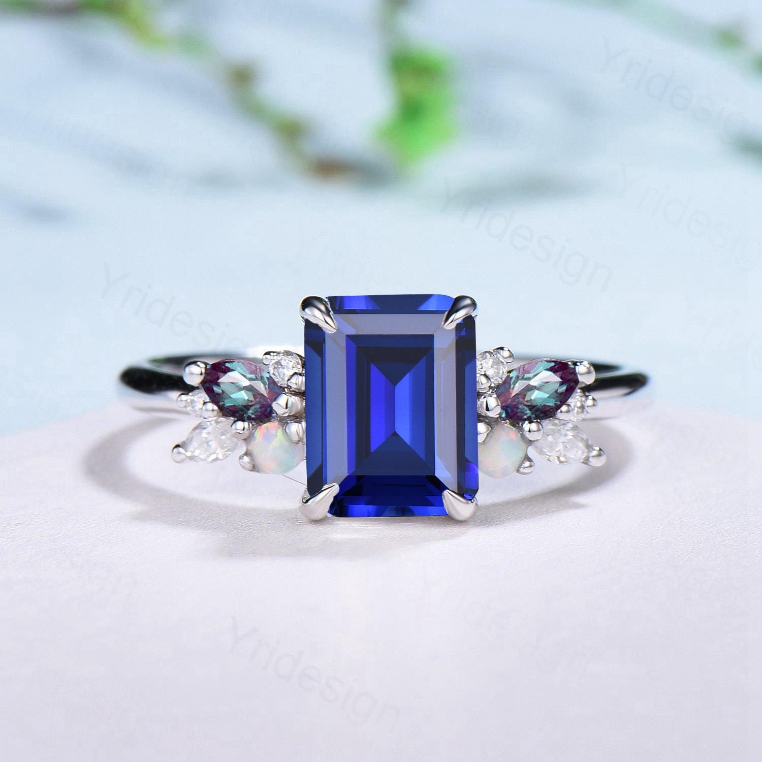 Unique Emerald Cut Blue Sapphire Engagement Ring Marquise Alexandrite Opal Wedding Ring Vintage Cluster Moissanite Anniversary Promise Ring - PENFINE