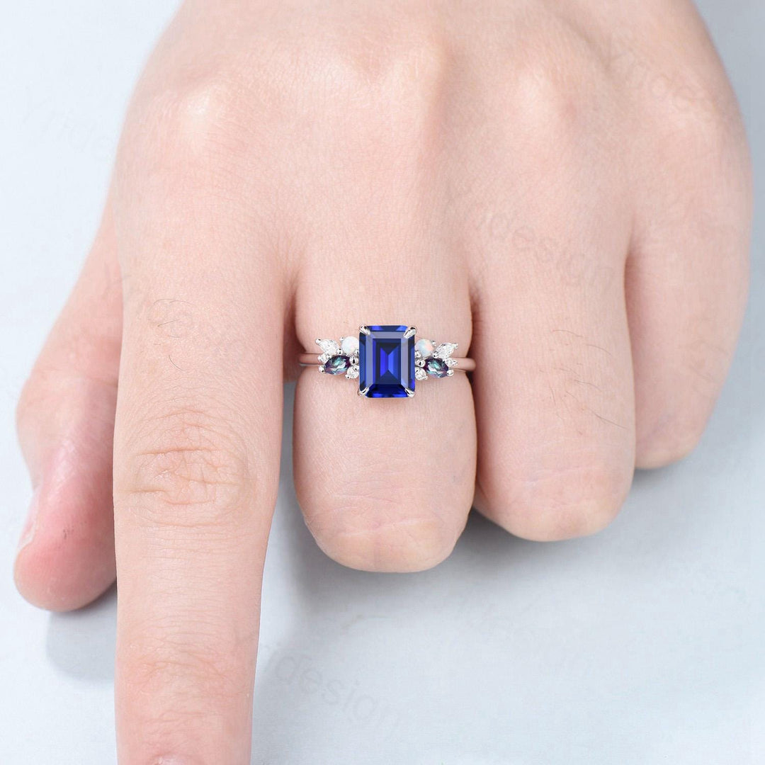 Unique Emerald Cut Blue Sapphire Engagement Ring Marquise Alexandrite Opal Wedding Ring Vintage Cluster Moissanite Anniversary Promise Ring - PENFINE