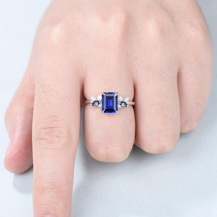 Unique Emerald Cut Blue Sapphire Engagement Ring Marquise Alexandrite Opal Wedding Ring Vintage Cluster Moissanite Anniversary Promise Ring - PENFINE