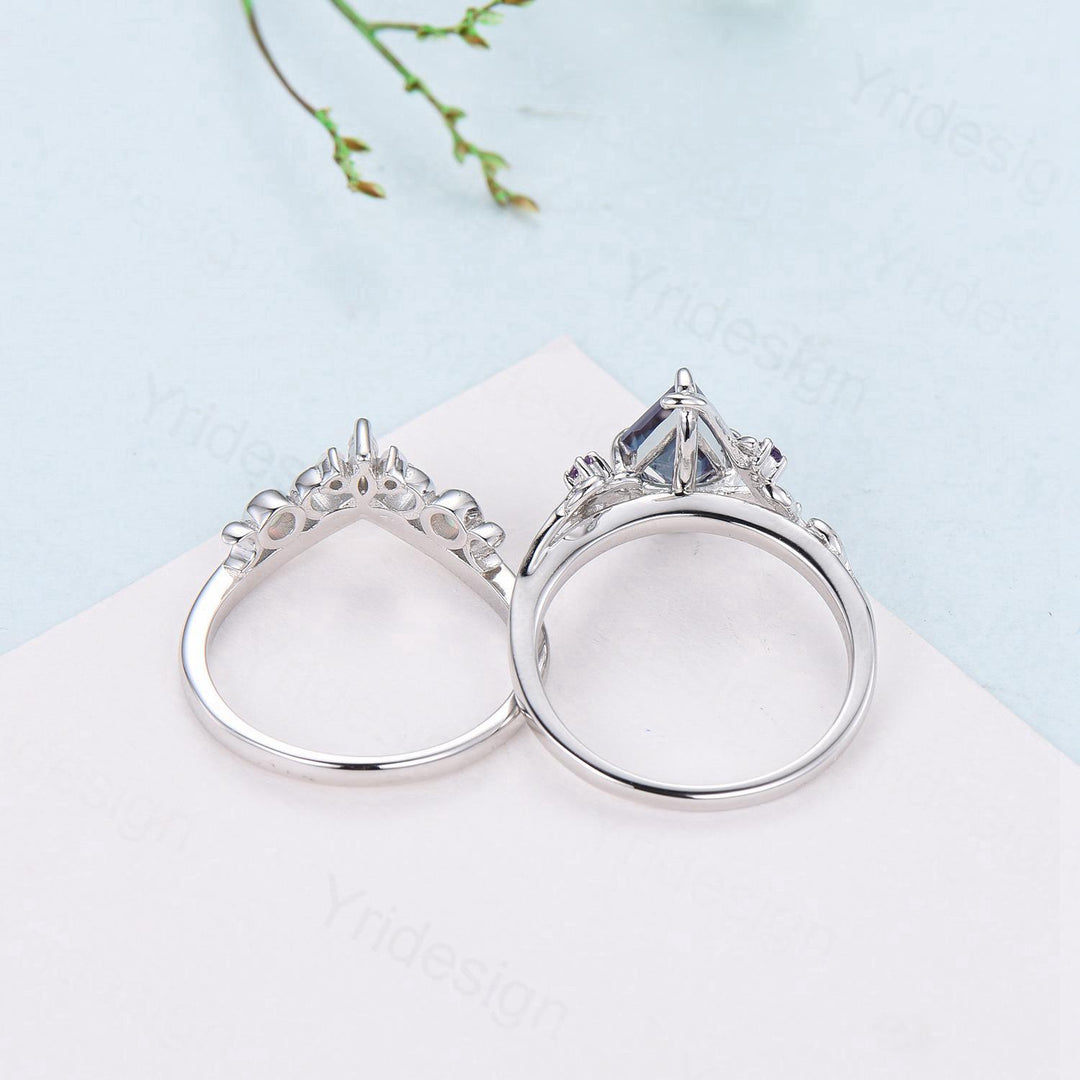 Nature Inspired kite lavender amethyst engagement ring set twig cluster amethyst wedding set Vintage marquise moonstone opal stacking ring - PENFINE
