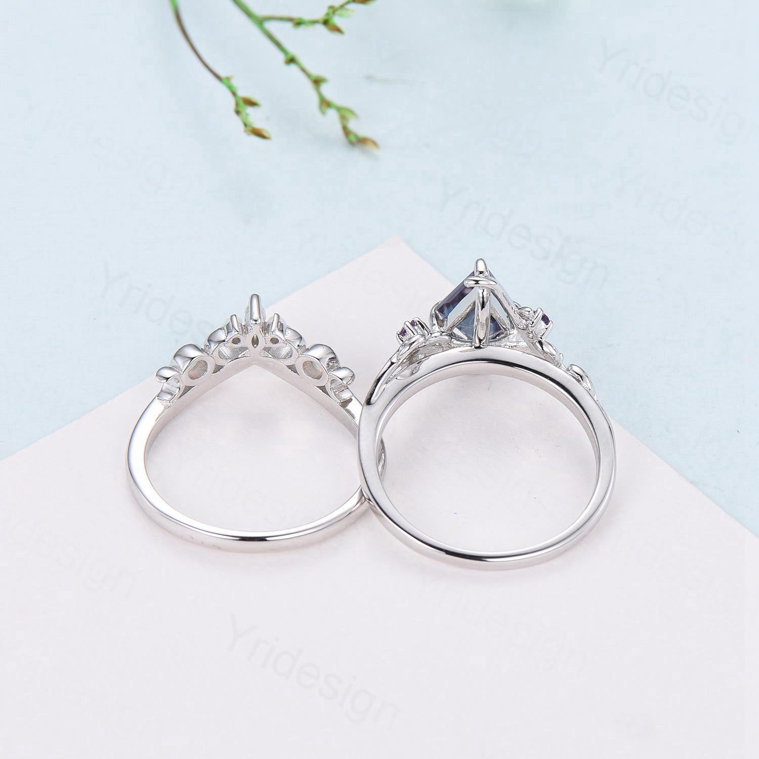 Nature Inspired kite lavender amethyst engagement ring set twig cluster amethyst wedding set Vintage marquise moonstone opal stacking ring - PENFINE
