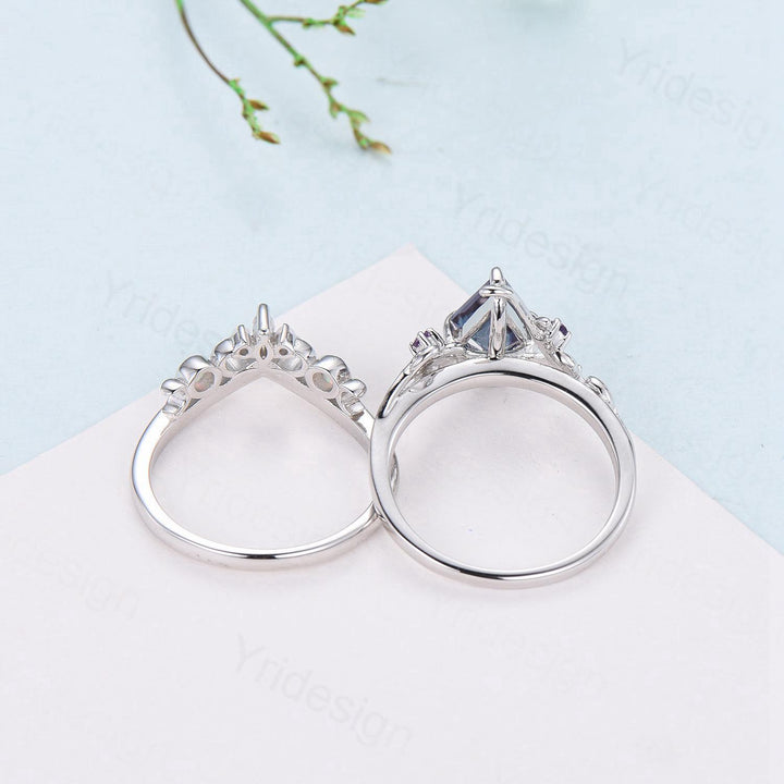 Nature Inspired kite lavender amethyst engagement ring set twig cluster amethyst wedding set Vintage marquise moonstone opal stacking ring - PENFINE
