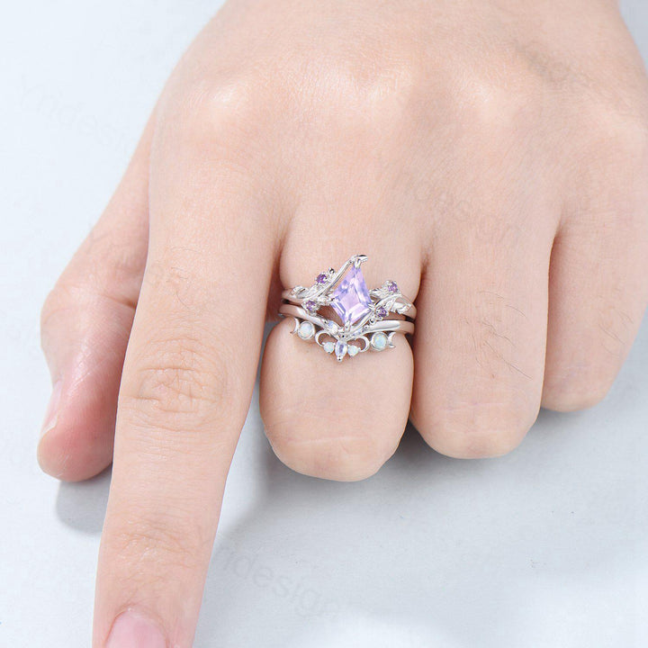 Nature Inspired kite lavender amethyst engagement ring set twig cluster amethyst wedding set Vintage marquise moonstone opal stacking ring - PENFINE