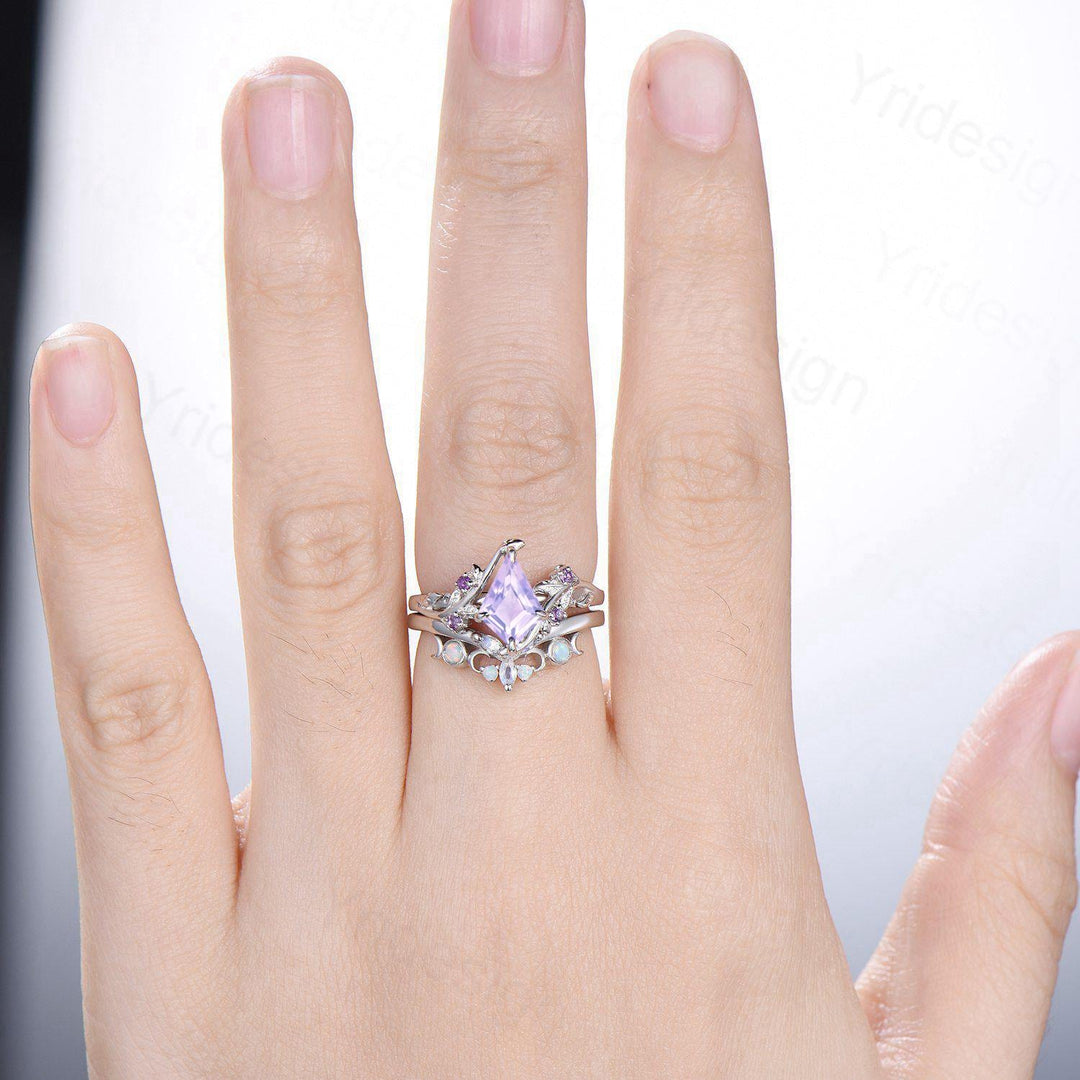 Nature Inspired kite lavender amethyst engagement ring set twig cluster amethyst wedding set Vintage marquise moonstone opal stacking ring - PENFINE