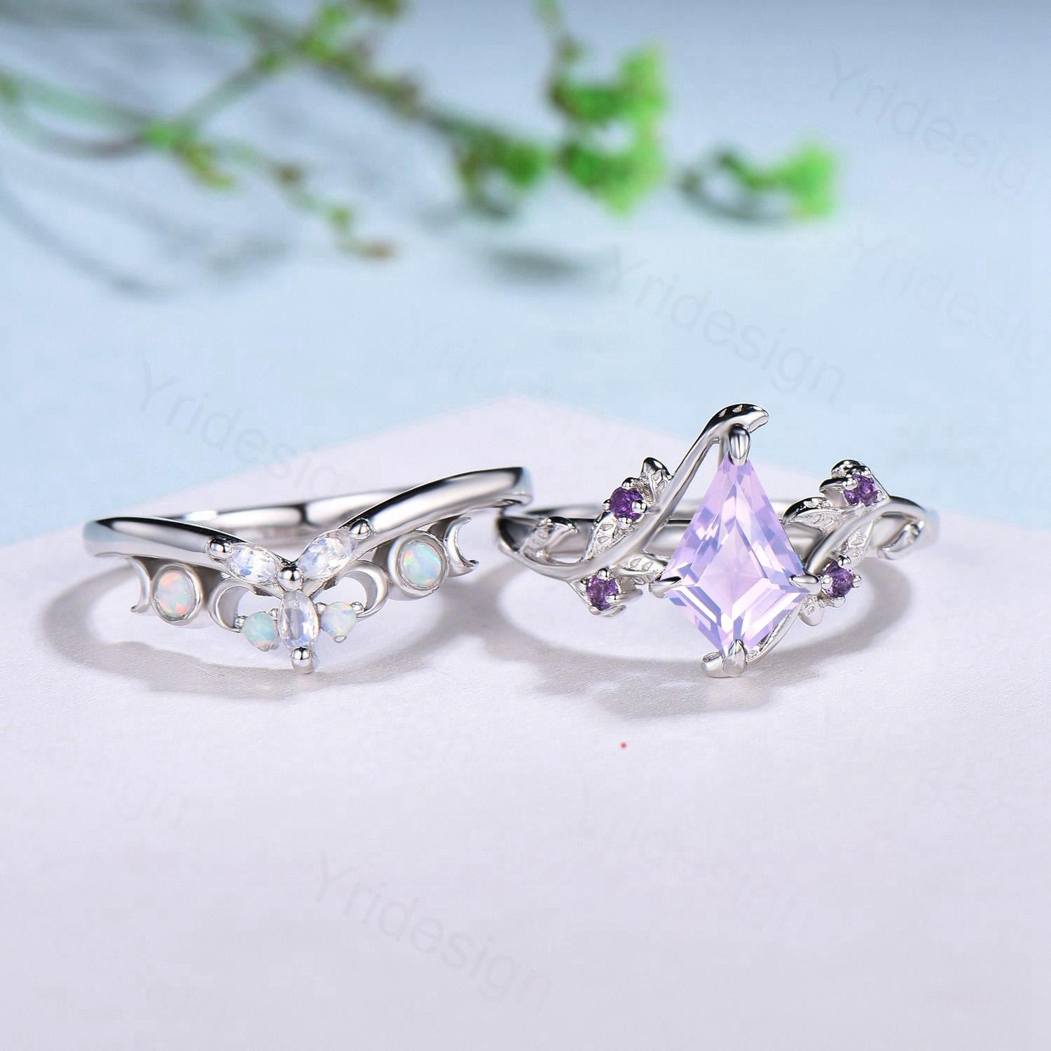 Nature Inspired kite lavender amethyst engagement ring set twig cluster amethyst wedding set Vintage marquise moonstone opal stacking ring - PENFINE