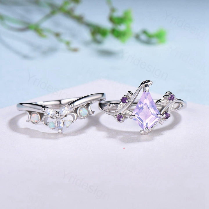 Nature Inspired kite lavender amethyst engagement ring set twig cluster amethyst wedding set Vintage marquise moonstone opal stacking ring - PENFINE