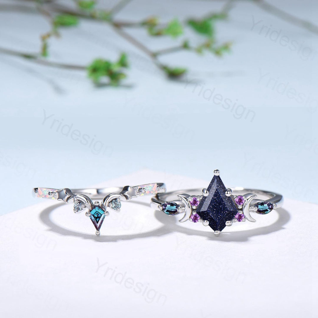 Vintage kite cut blue sandstone engagement ring set Crescent moon star alexandrite amethyst cluster ring unique gothic bridal ring set women - PENFINE