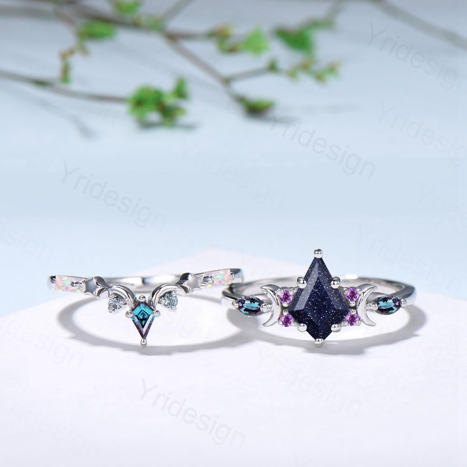 Vintage kite cut blue sandstone engagement ring set Crescent moon star alexandrite amethyst cluster ring unique gothic bridal ring set women - PENFINE