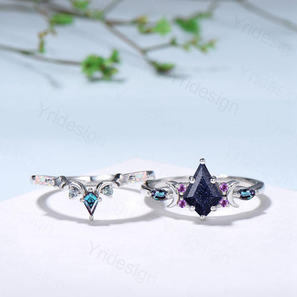 Vintage kite cut blue sandstone engagement ring set Crescent moon star alexandrite amethyst cluster ring unique gothic bridal ring set women - PENFINE