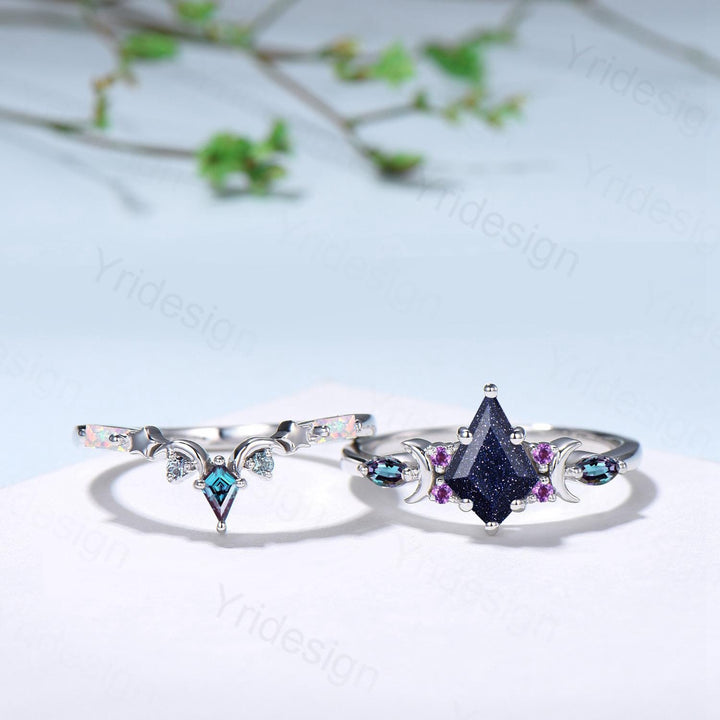Vintage kite cut blue sandstone engagement ring set Crescent moon star alexandrite amethyst cluster ring unique gothic bridal ring set women - PENFINE