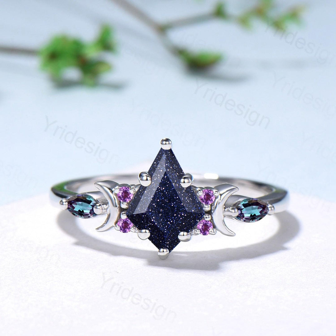 Vintage kite cut blue sandstone engagement ring set Crescent moon star alexandrite amethyst cluster ring unique gothic bridal ring set women - PENFINE